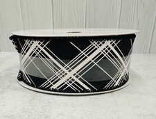 Wondershop Christmas Fabric Wired Ribbon Black White Plaid Stripe 2"x45'