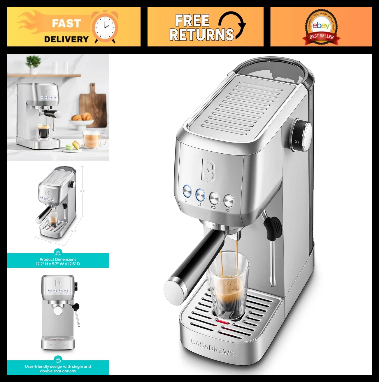 Essential Espresso Machine 20 Bar, Stainless Steel Cappuccino & Latte Maker, Ste