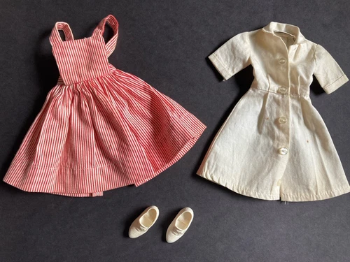 VTG  IDEAL TAMMY NURSE'S AIDE WHITE UNIFORM- STRIPED PINAFORE - SHOES