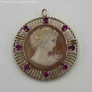 Vintage 14K Yellow Gold Ruby Carved Shell Cameo Pendant Brooch Pin 1.5" 14.4g