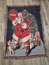 Coca-Cola Woven Christmas Santa Claus Throw Blanket Fringed Multicolor