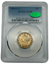 1891-CC $5 Gold Half Eagle, PCGS AU58 CAC,  Carson City Issue Gold Coin.