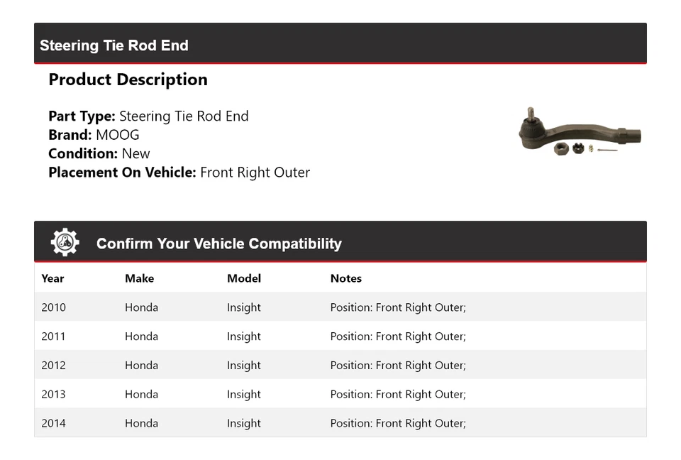 Extremo de barra de amarre de dirección delantero derecho exterior MOOG 2010 para Honda Insight 2010-2014 Foto 2 de 4