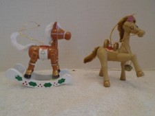 2 Vintage Wooden Christmas Holiday Horses Ortaments