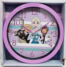 Round Plastic Decor. Wall 10" Clock, DISNEY FROZEN CHARACTERS, purple frame, AW
