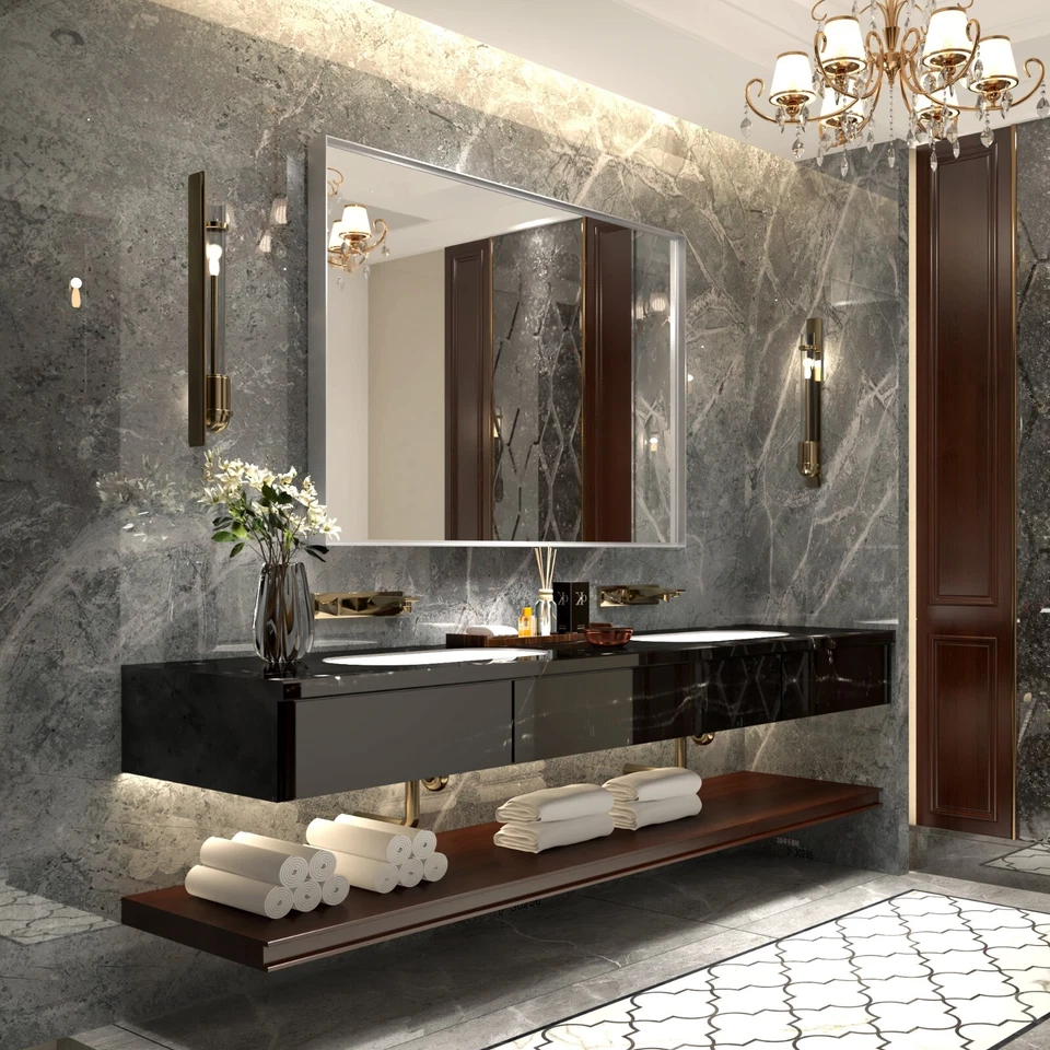 40x30 Inch Silver Rectangular Wall-Mounted Bathroom Mirror with Beveled Edges - Image 4 of 4