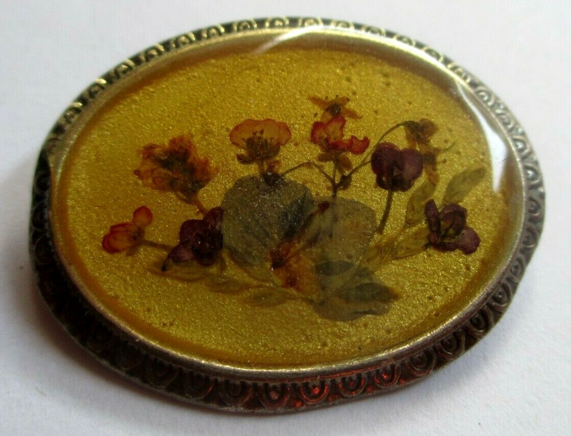Broche Ancienne En Argent Avec Camée Fleurs Séchées Sous Résine - Bijou Vintage, Parfait état