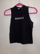 Dirtee Laundry Size XS “HONEY” High Neck Collared Graphic Tee Tank Top Black