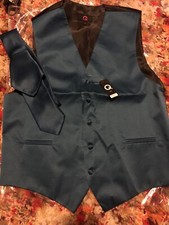 Q Brand New Formal Vest Large L Dark Teal Hunter Green w/ Neck Tie Hankerchief
