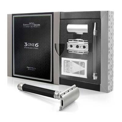 Edwin Jagger 3ONE6 DE Stainless Steel Safety Razor, Grooved, Anodised Black, 1x