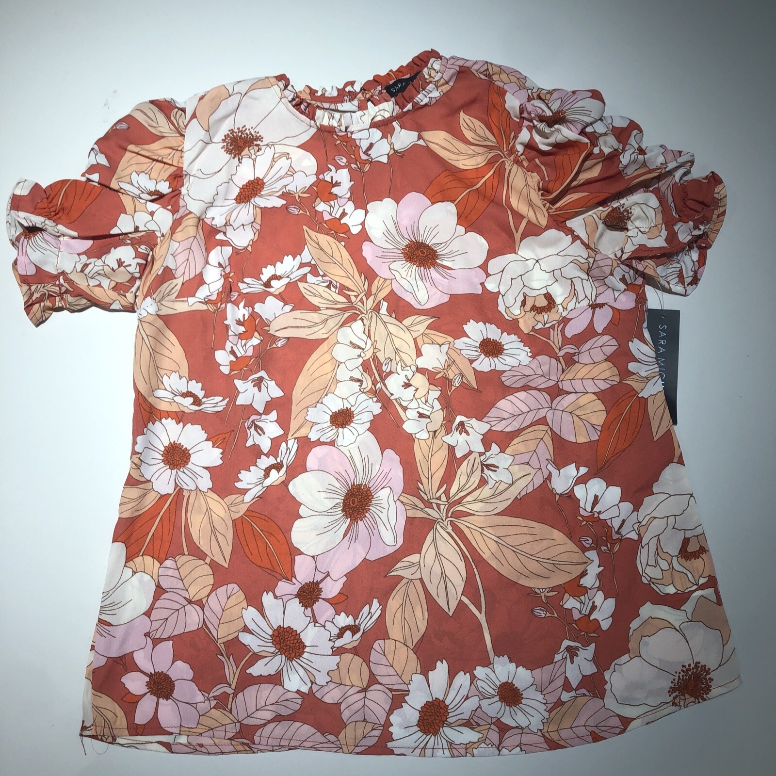 Sara Michelle Orange Floral Poppi Short Rouche Sleeve Ruffle Neck ...