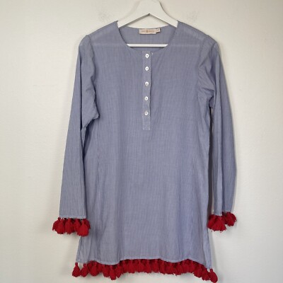 TORY BURCH Coverup Womens XS Lucia Narrow Striped Red Tassel Cotton Beach Tunic