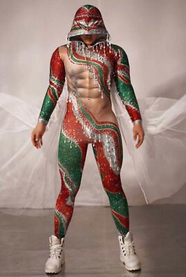 Red Green Tassel Rhinestone Jumpsuit 