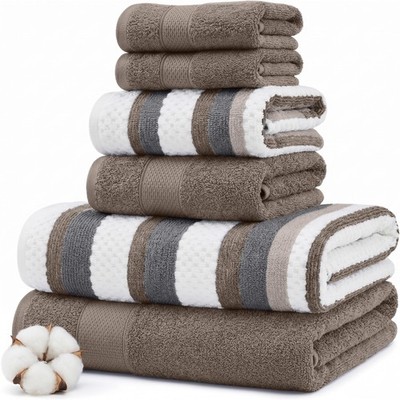 Towel Set 6 Piece Reversible Jacquard Bath Hand Washcloths Khaki Modern Threads