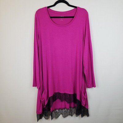 Logo Lori Goldstein Top 1X Tunic Hot Pink Black Lace Hem Scoop Neck Rayon Knit