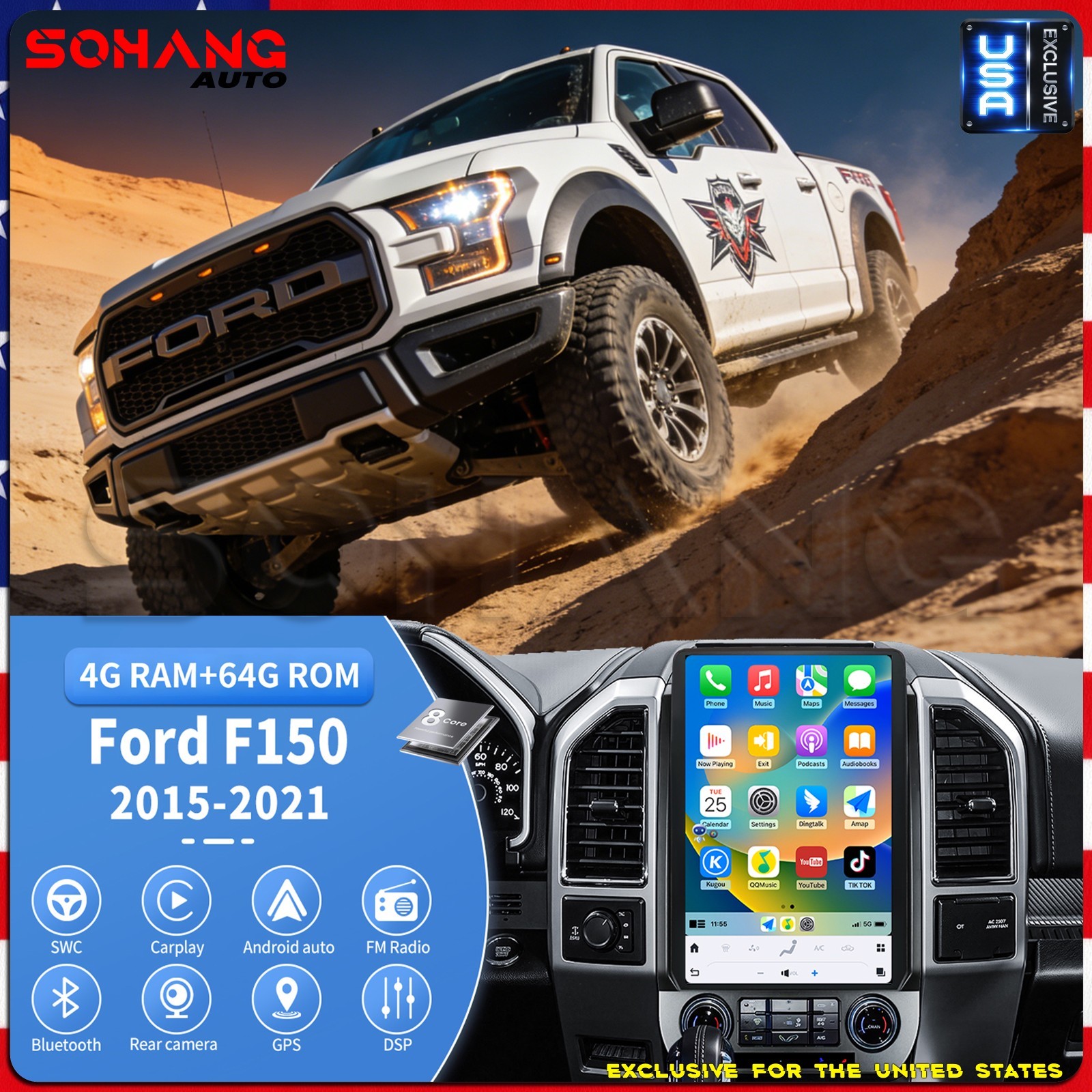 UKE | 14.4" 2K Tesla Style Radio for Ford F150 F250 F350 2015-2022 Navigation 8G