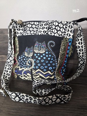 Laurel Burch Beaded Canvas Cat Print Crossbody Bag Black/Multicolor