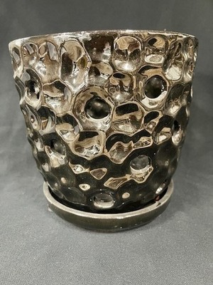 6'' Ceramic Planter   Ebony  Round   Modern Indoor Pot w/Bonus Slotted Pot