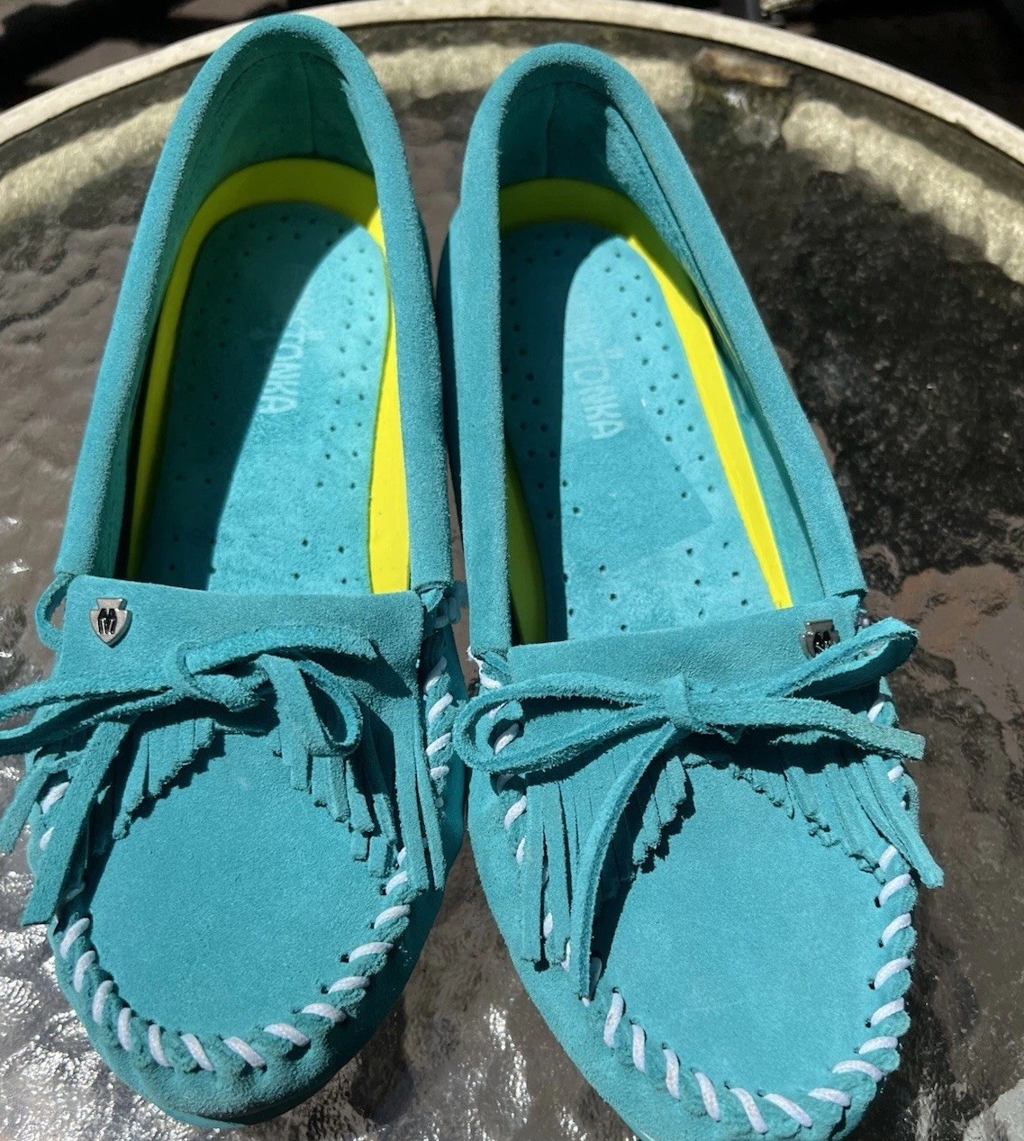 SAOLA Mocassini Minnetonka turchese suola rigida frange boho hippie scarpe 9