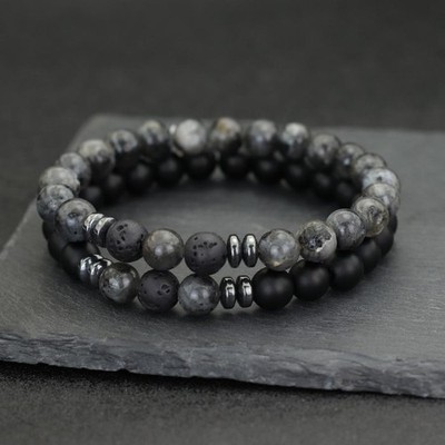 Men Beaded Bracelet Set 8mm Tiger Eye Malachite Obsidian Stone