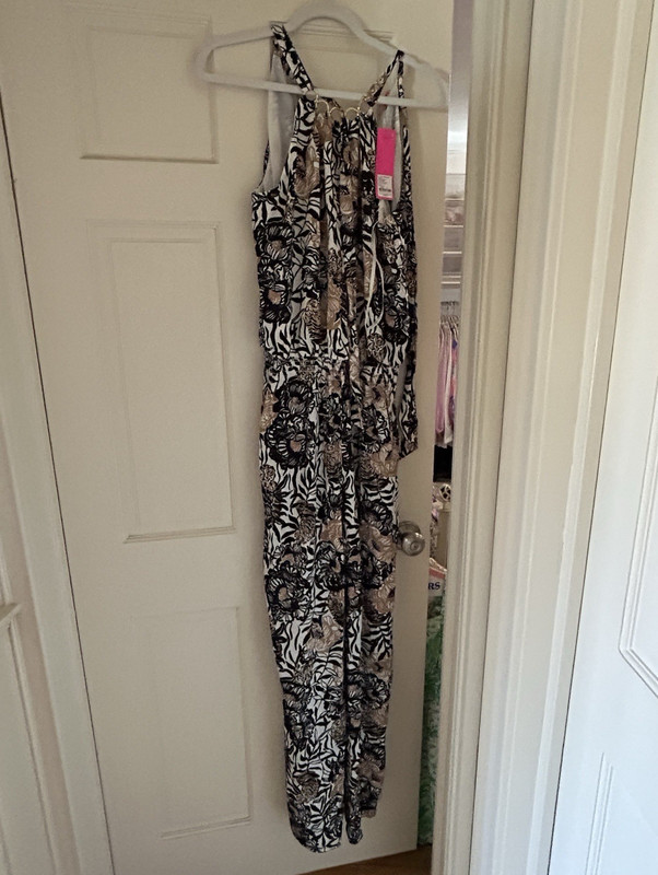 Lilly Pulitzer Floral Jumpsuit Womens M Black White Beige Sleeveless Halter