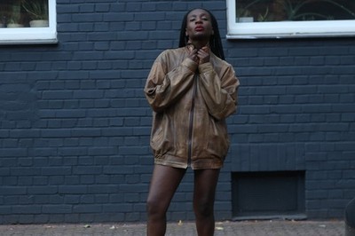 Grecos Vintage 1980s Brown Leather Bomber Jacket Oversized Aviator Flight Coat
