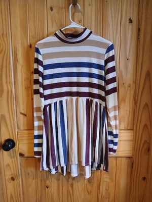 My Story Striped LS Dress Or Tunic- Blue and Burgundy With Elbow Patches Size M 