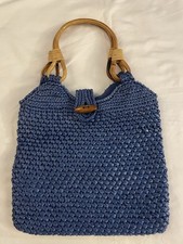 Vintage Sears Navy Blue Woven Raffia Bamboo Handles Handbag Made in Japan 12x12