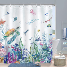 Ocean Shower Curtain, Underwater Turtle Fish Coastal Beach Bathroom