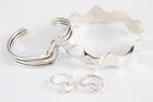 Vintage Modernist Sterling Silver Wave Bangle Cuff Bracelets & 2 Stackable Rings