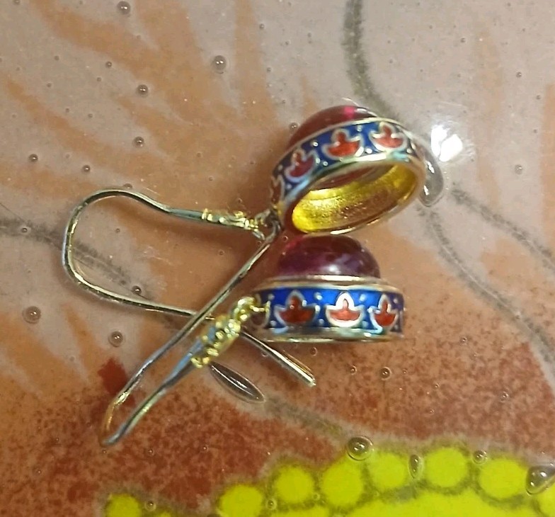Ruby Red Glass  Cloisonne Dangle Drop Pierced Gol… - image 9