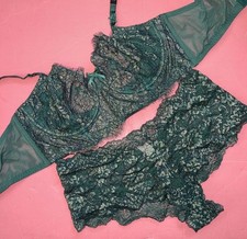 Victoria's Secret unlined 34DD,36D CORSET TOP BRA SET L panty GREEN GOLD lace