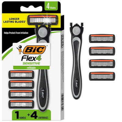 Flex 4 Refillable Razors for Men, Long-Lasting 4 Blade Razors for Sensitive Skin