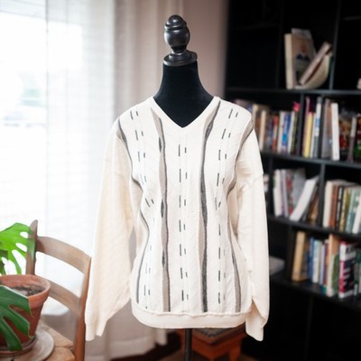 Vintage St Croix Knits Wool Blend Sweater Cream V Neck Textured Knit Women XL