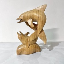 Hand Carved Wood Dolphin Pair Sculpture Nautical Beach Coastal Decor Animal Art