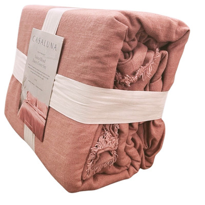 Casaluna King Heavyweight Linen Blend Duvet & Sham Set Rose 300 Thread Count NEW