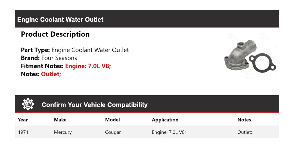 Para Mercury Cougar 1971 7,0 L motor V8 refrigerante salida de agua 4 estaciones Foto 2 de 4