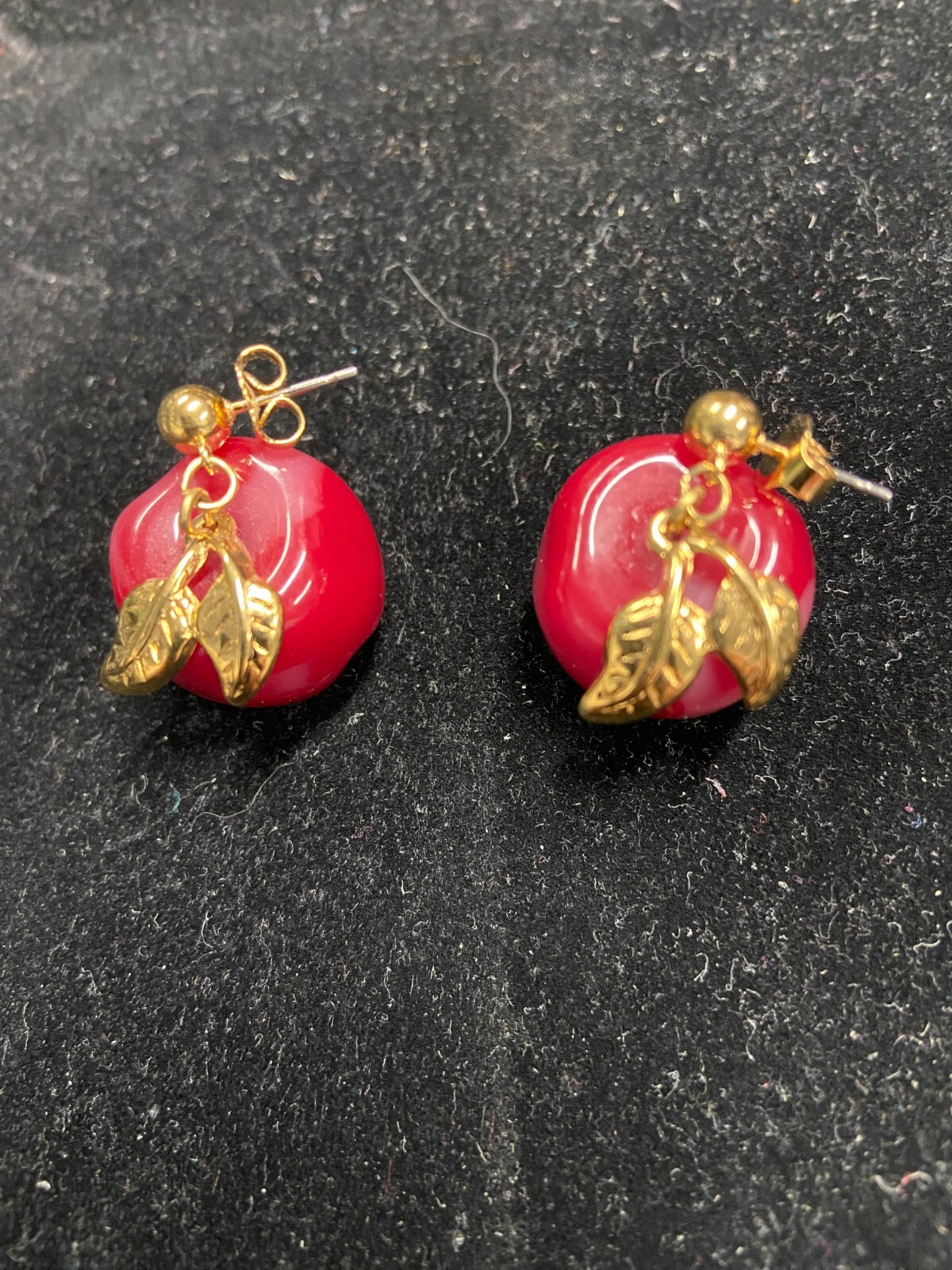 Pierced Earring Red Three Dimensional Apples Frui… - image 3