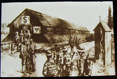Glass Magic Lantern Slide YMCA HUT FLANDERS WW1 DRAWING MANUFACTURERS GIFT