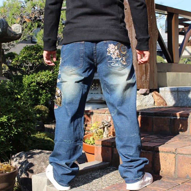 Mens Jeans Denim Japanese Pattern Embroidery Straight Ukiyoe Geisha