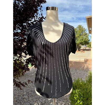 Eyelash Couture Women Goth Black Sequin Rayon Balloon Short Sleeve Blouse Small