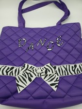 WOMEN'S DANCE BAG TOTE PURSE PURPLE BLACK WHITE ZEBRA STRIPED DANCE AND BOW