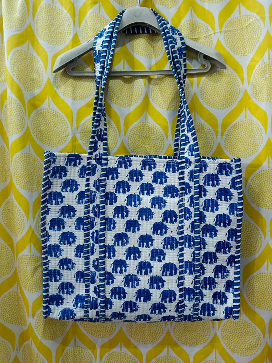 Elephant Block Printed Cotton Tote Hand Bag Quilted Shoulder