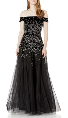 Adrianna Papell Black Embellished Off The Shoulder Velvet Gown Dress Sz: 12
