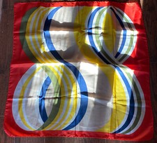Women  s Scarf 100 Silk Italy 30  Sq Red, Navy, Yellow, White, Green, Tan Swirls