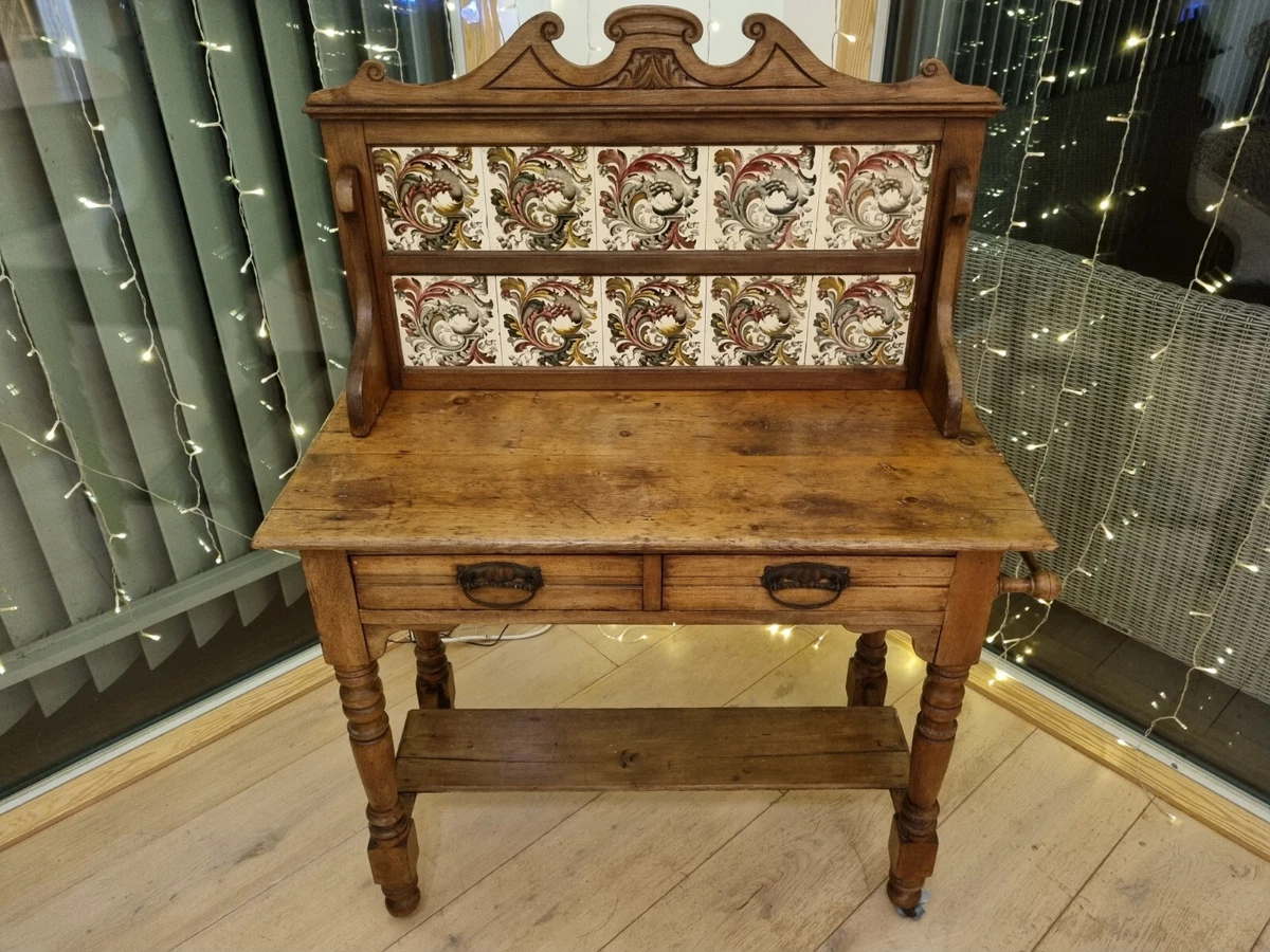 Victorian antique wash stand with original Fruit Foliage Swirl tiles c 1890