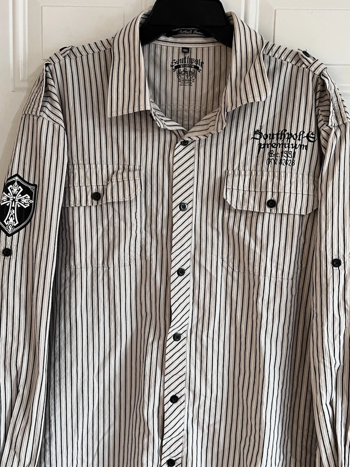 Camisa masculina Southpole Premium 4XL listra branca botão para cima enfeitada motociclista anos 90 - Imagem 3 de 4