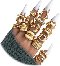 16 Pcs Chunky Gold Rings Set for Women, Classic Thick Adjustable Rings, Stackabl