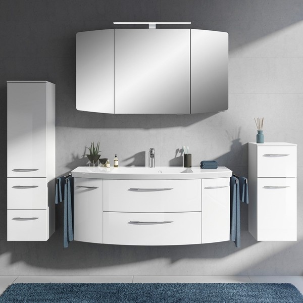 BadmöBel Komplett Set Weiß Badezimmer Hochschrank HäNgeschrank Spiegelschrank-image