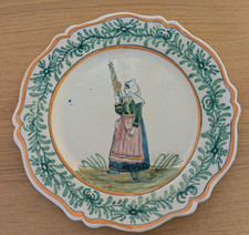 French Faience Quimper Peasant Lady Plate Folk Art Hand Painted 23cm